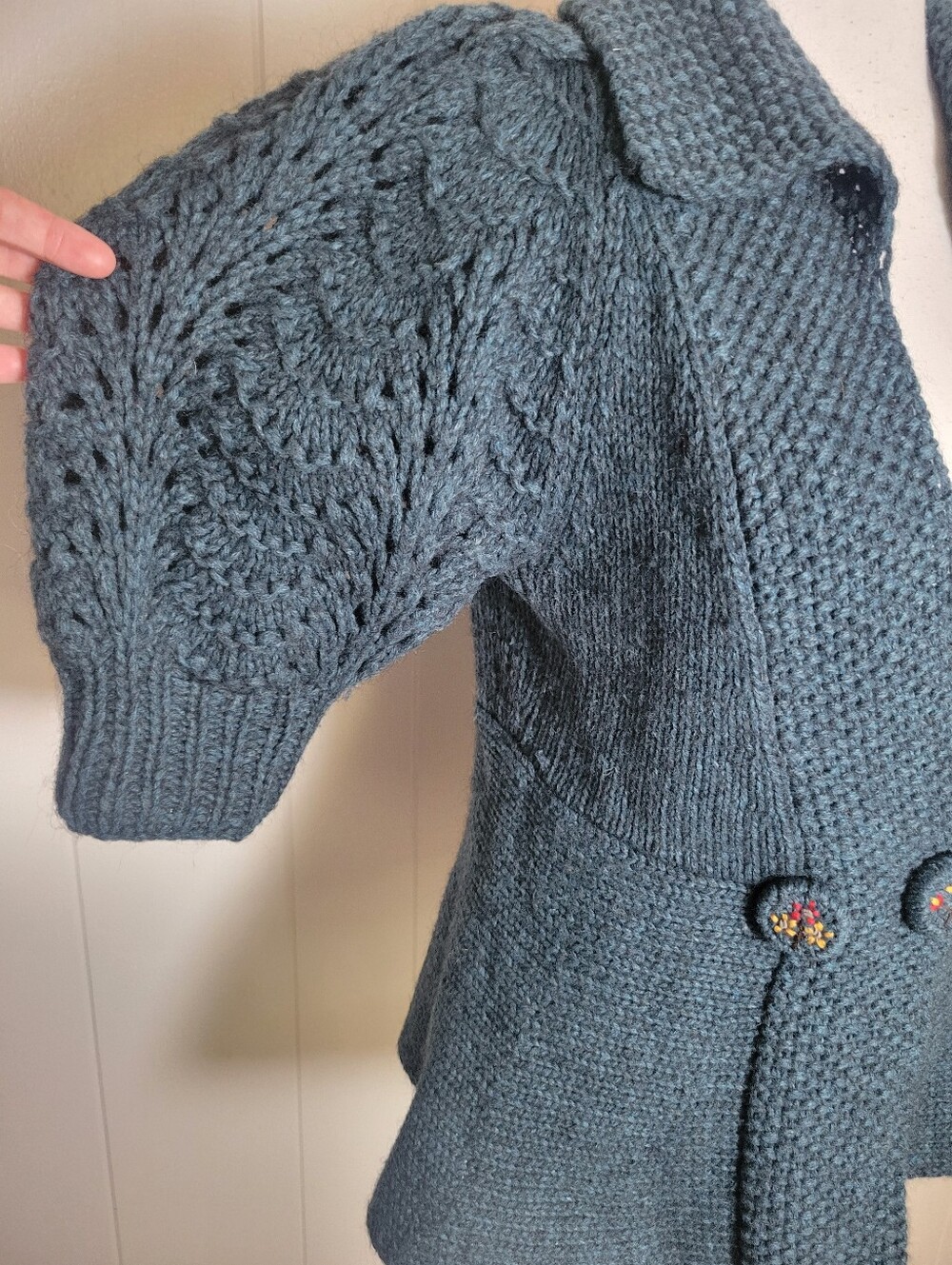 Anthropologie × Charlie & Robin Cardigan Wool Alpaca Crochet Puff Sleeve Teal SM - Picture 3 of 8